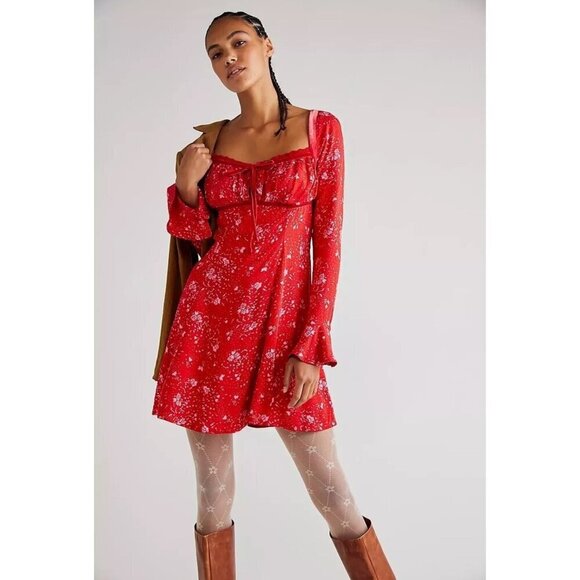 Free People Dresses & Skirts - FREE PEOPLE Bell Sleeve Floral Mini Peasant Dress Size large new
